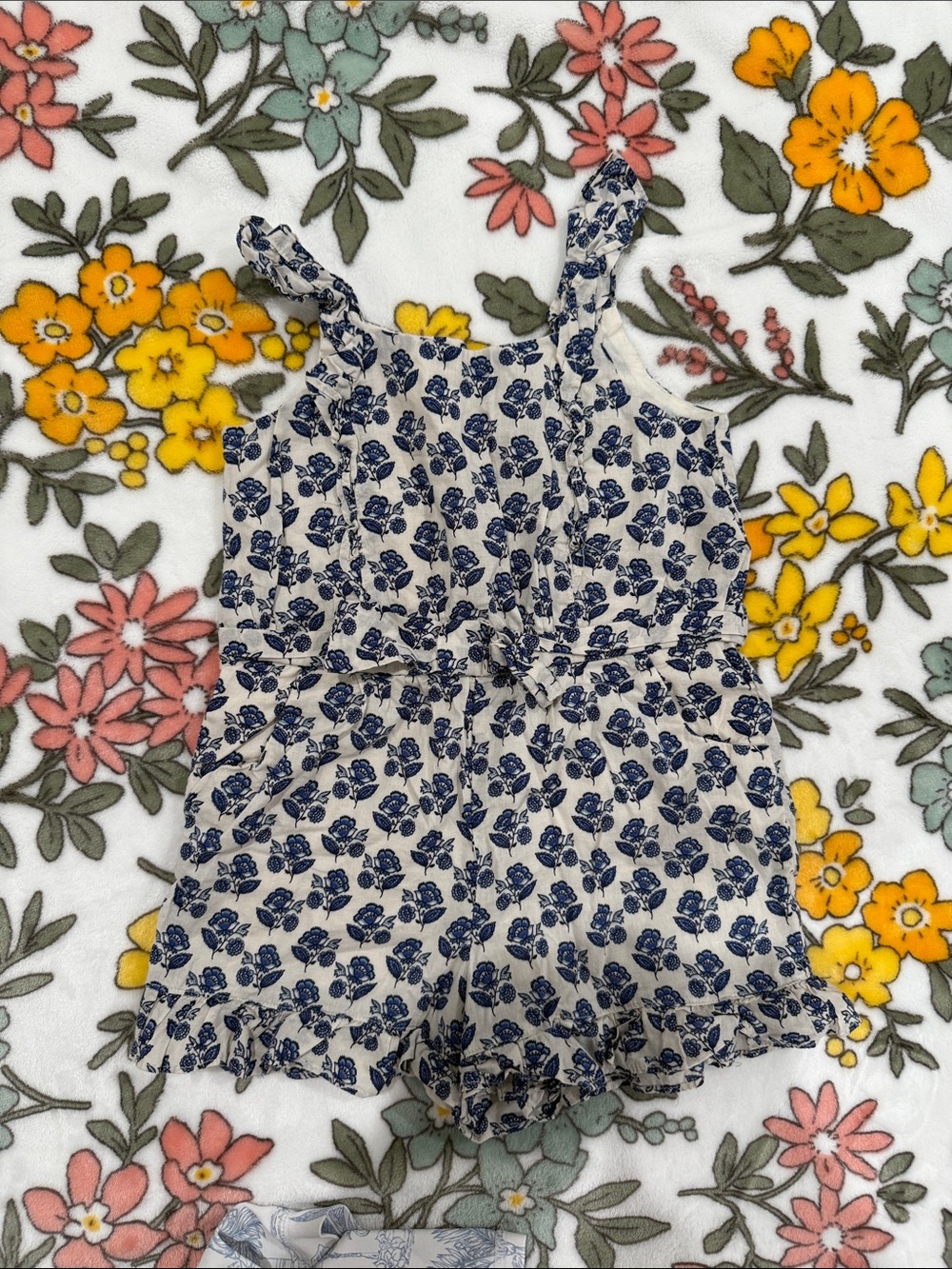 Off white and blue Floral Ruffle Romper